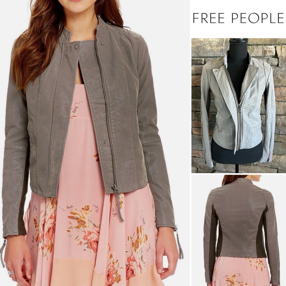 Free People Cool & Clean Moto Jacket Faux-Suede Knit Side Panels Steel Gray